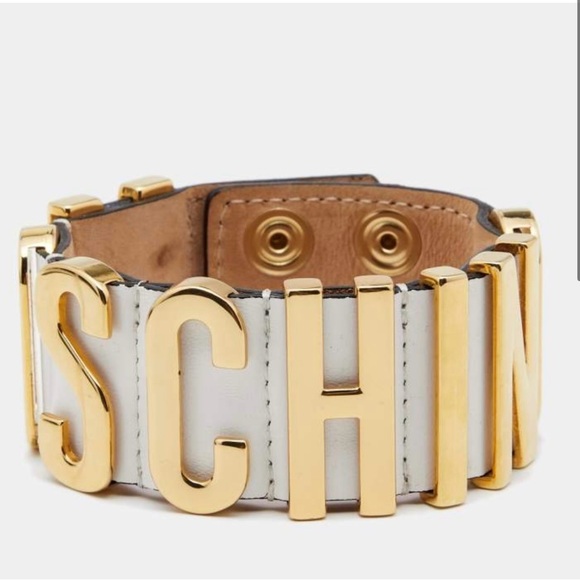 Moschino Accessories - Moschino Logo Plaque White Leather Cuff Bracelet